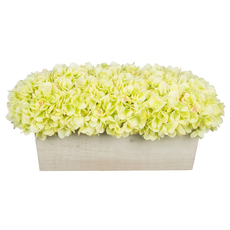 Faux Hydrangeas in White Wood Washed Ledge Planter - Green