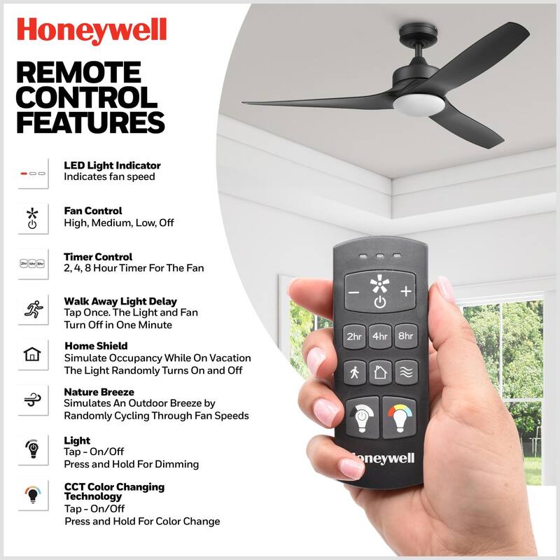 52" Honeywell Lynton Indoor/Outdoor Ceiling Fan with Color Changing LED Light, Remote Control, High Performance Blades