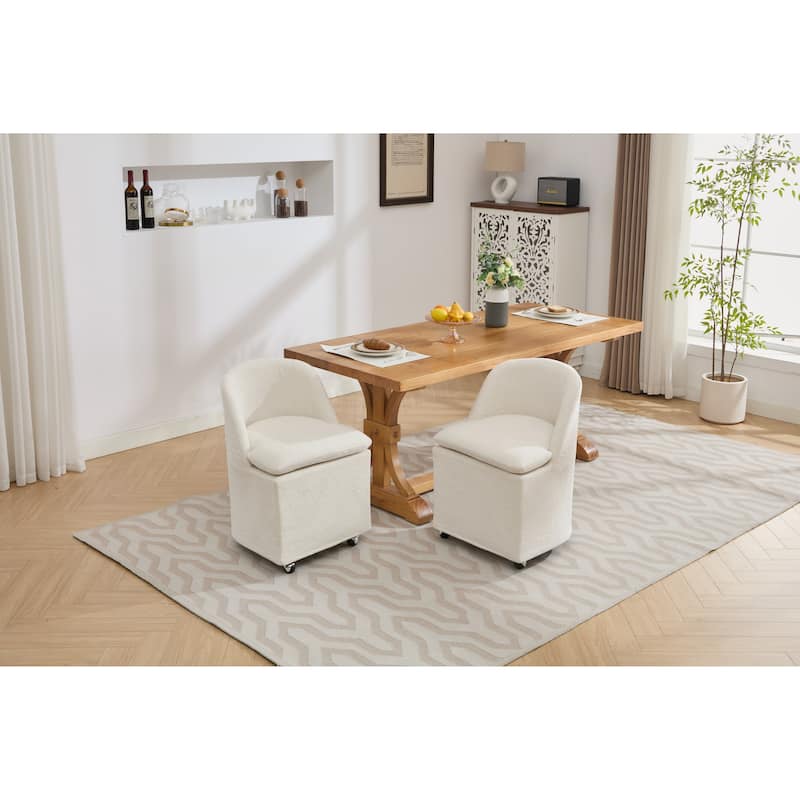 Set of 2 Chenille Fabric Dining Chairs With Universal Wheels,Beige