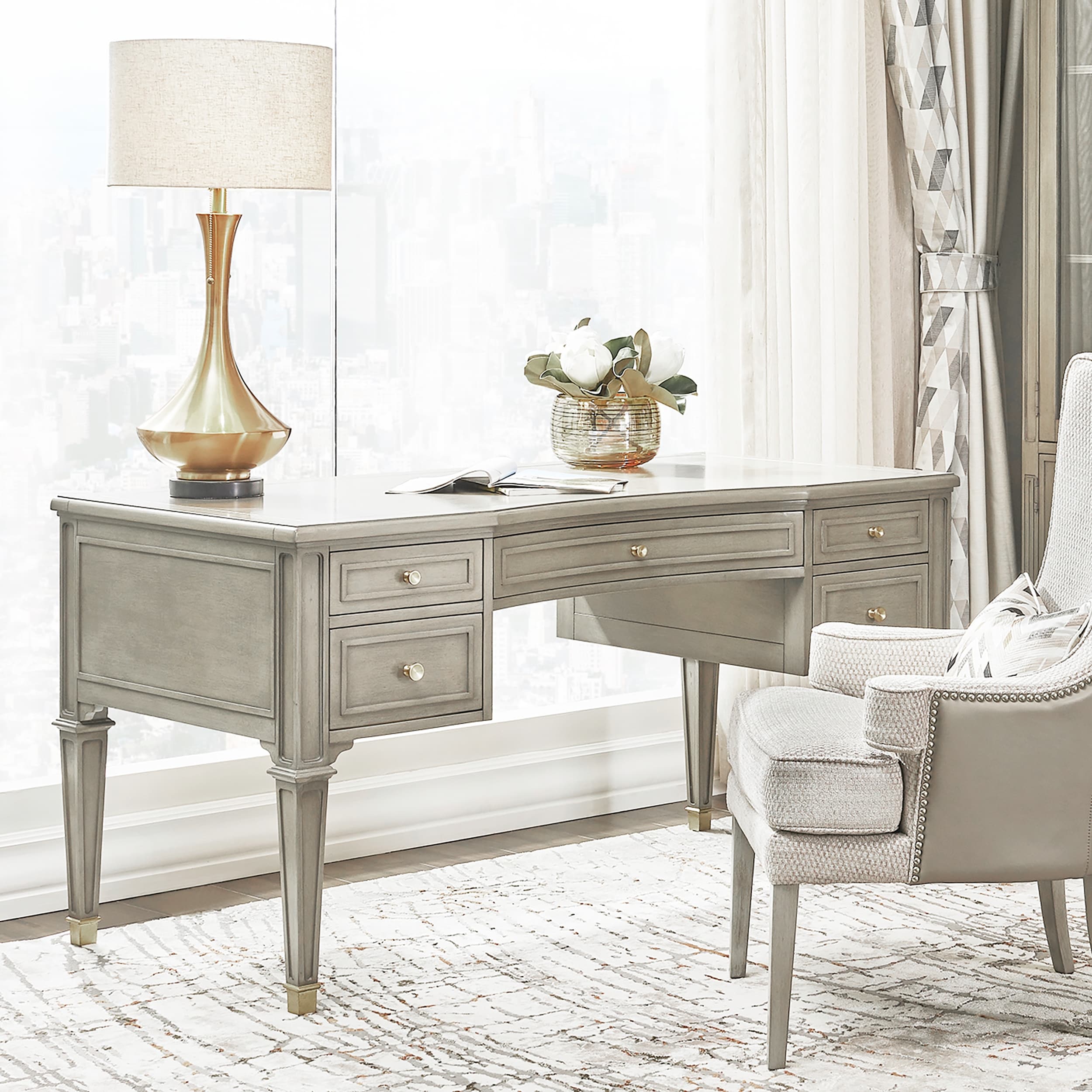 Dauphin 55" Solid Wood 5-Drawer Gold Accent Executive Desk