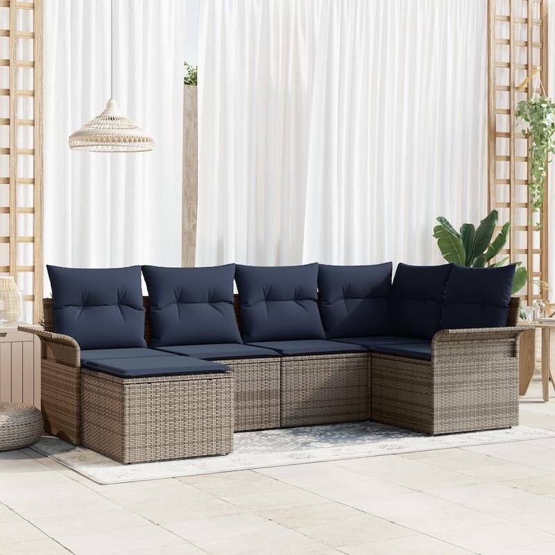vidaXL 6/7 Garden Sofa Set with Cushions Black/Brown/Grey Poly Rattan - 95.9 x 52.2 x 27.2 - Grey without table