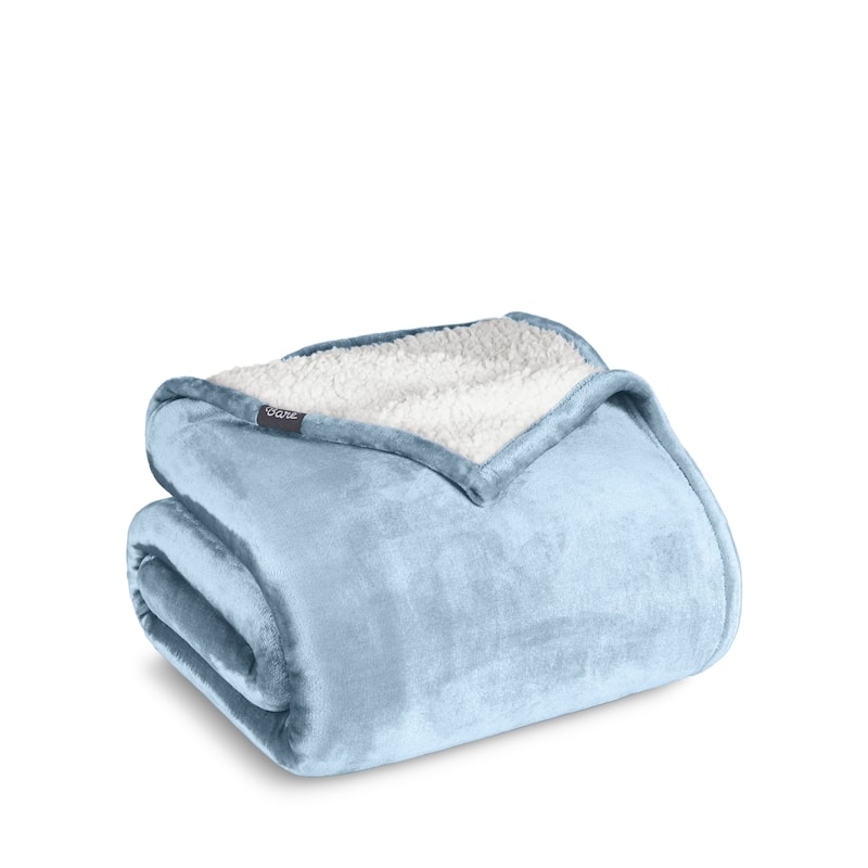 Bare Home Sherpa Fleece Blanket - Reversible Plush Bed Blanket - King - Light Blue