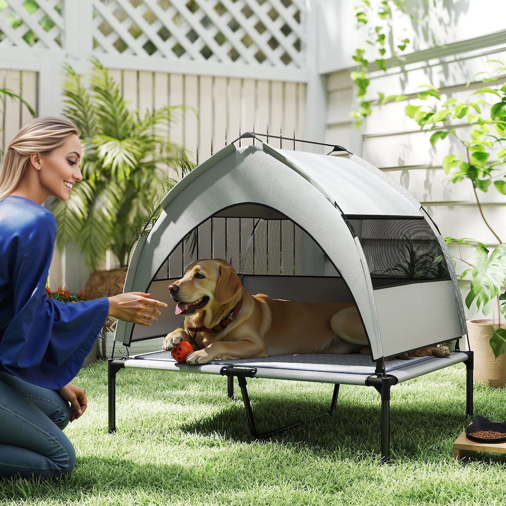 Light Grey-Black Elevated Dog Bed with Canopy, Cooling Pad and Storage Bag