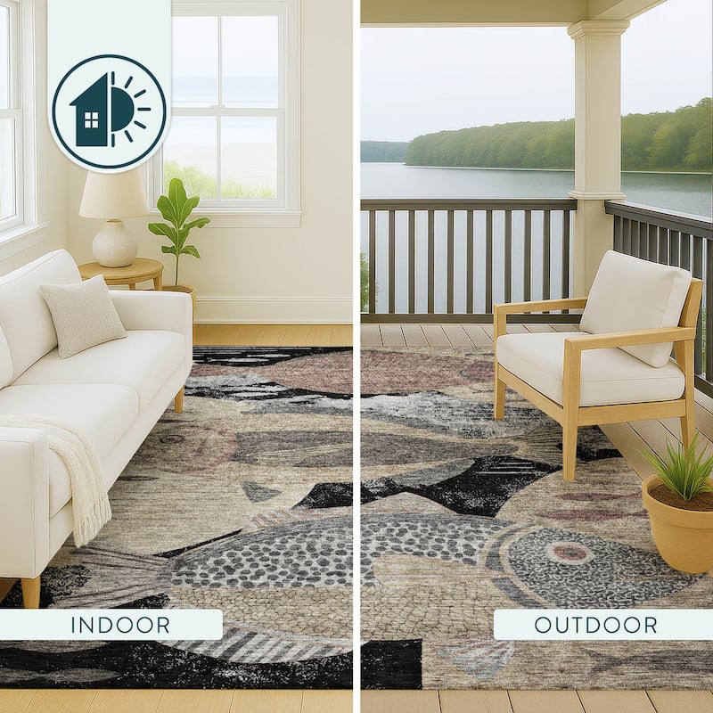 Machine Washable Indoor/ Outdoor Modern Fish Chantille Rug