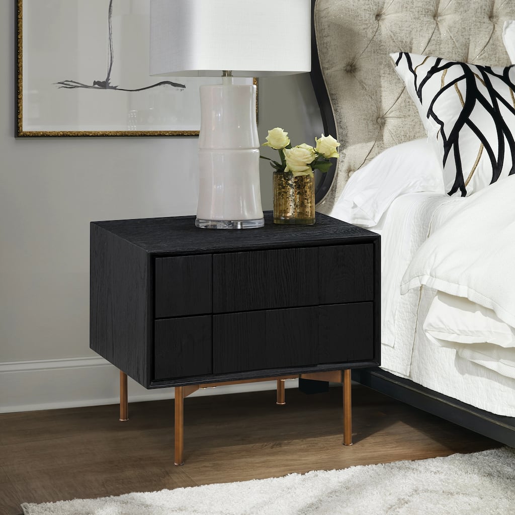 Carnaby 2 Drawer Nightstand in Black Brushed Oak Wood and Bronze