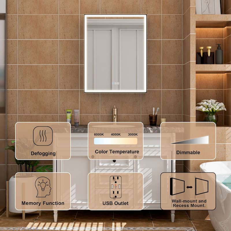 30'' H Recessed Or Surface Wall Mounted LED Mirror Cabinet With Mirror And Adjustable Shelves,Black Frame