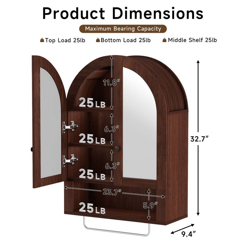 Wall Mounted Arched Cabinet with Mirrored Doors and Adjustable Shelves for Laundry Room, Bathroom, Kitchen