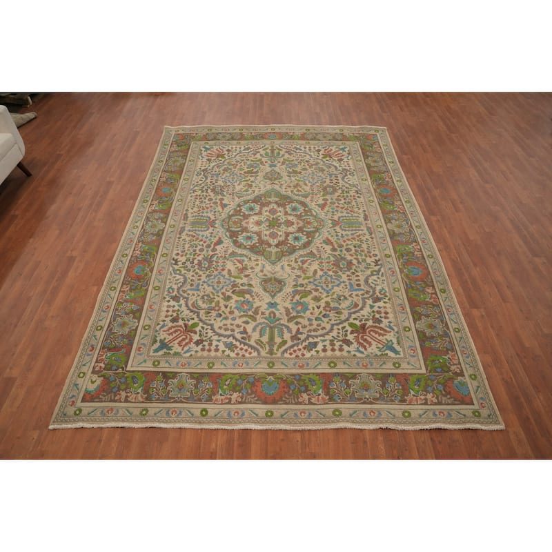 Hand Knotted Oriental 100% Wool Carpet Traditional Floral Beige & Ivories Tabriz Area Rug - 11' 0'' X 7' 10''