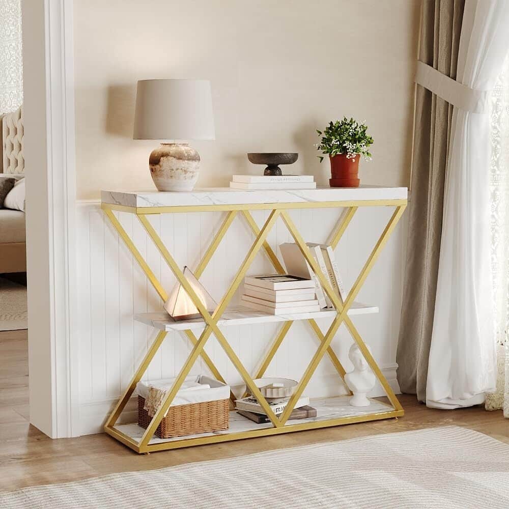 3-Tier X-Shaped Console Table, Entryway Table with Storage Shelf
