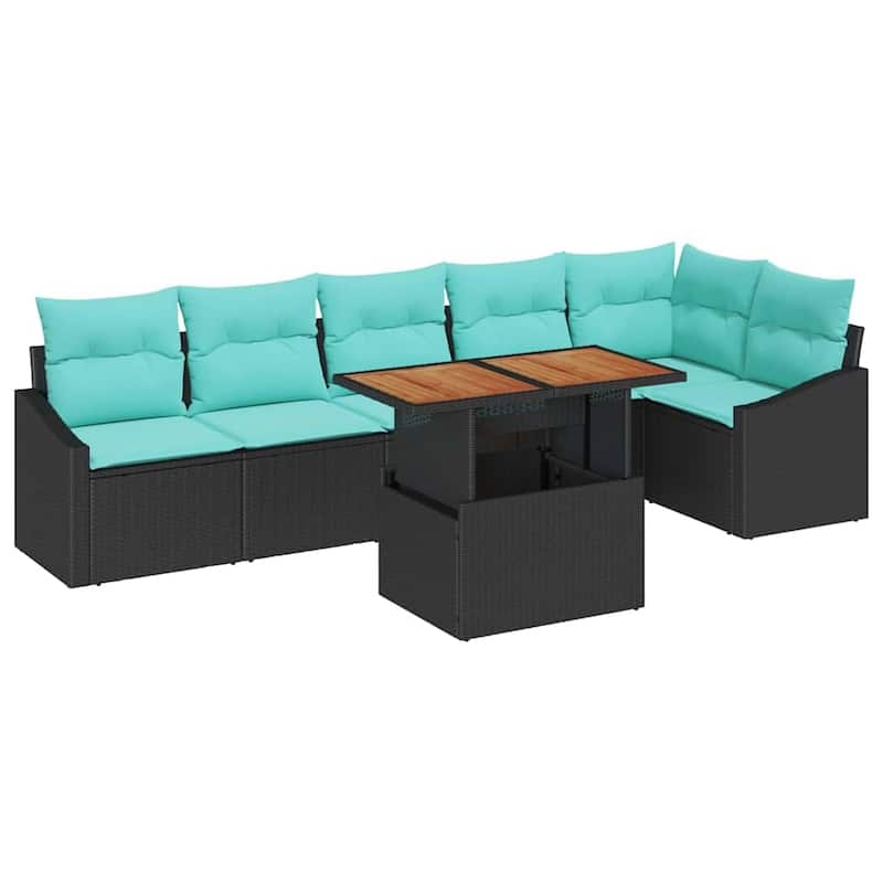 vidaXL 7 Piece Garden Sofa Set with Cushions Black Poly Rattan - 113.6×48.6×27.2