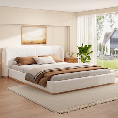Christopher Knight Home - Aurelius Boucle Upholstered Bed Frame with Solid Rubberwood Base and Wingback Headboard