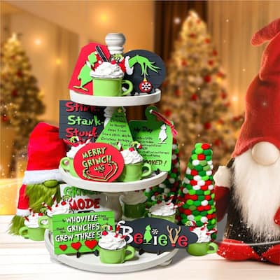 9PCS Christmas Tiered Tray Decor Wooden Signs Table Decorations