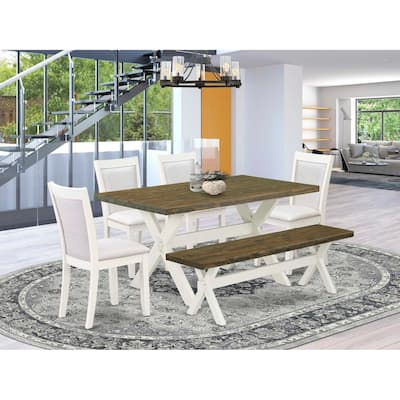 HomeStock 6-Piece Rectangle Wire Brushed Linen White Finish Solid Wood Top Dining Table with 1-Bench, 4-Chairs