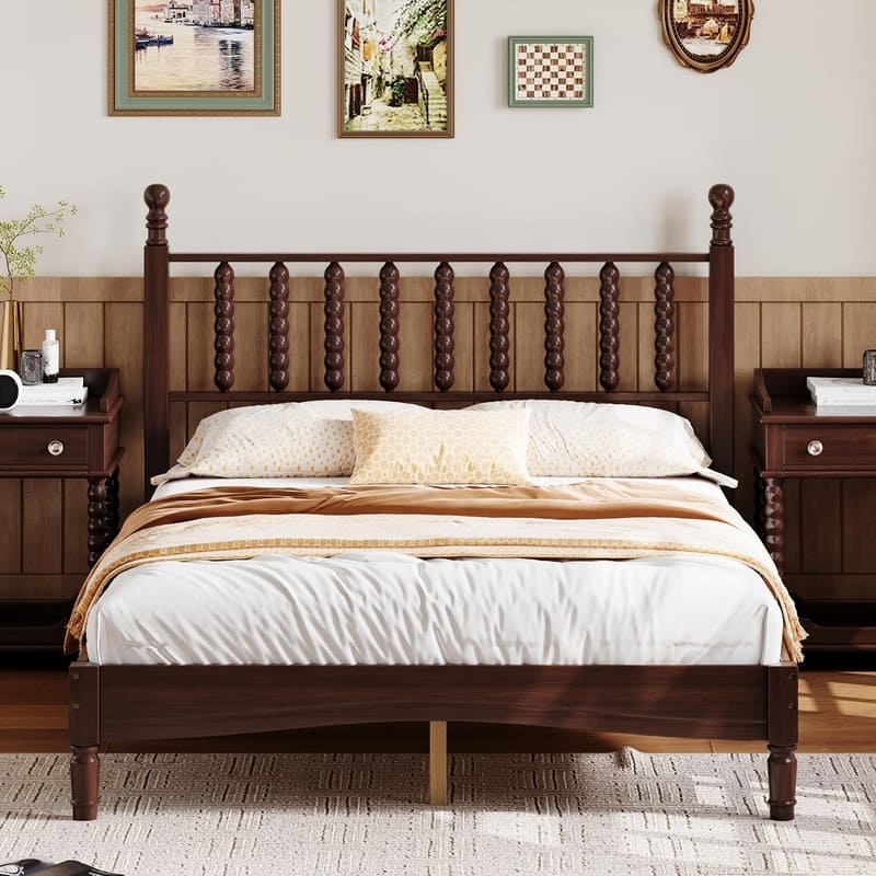 Full Size Wood Platform Bed with Gourd Shaped Headboard, Slat Support