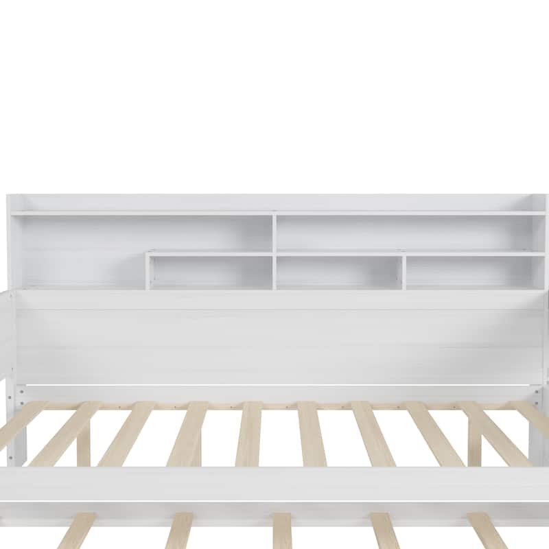 Multifunctional Wooden Daybed with Storage, Trundle Bed, and Study Desk in Antique White