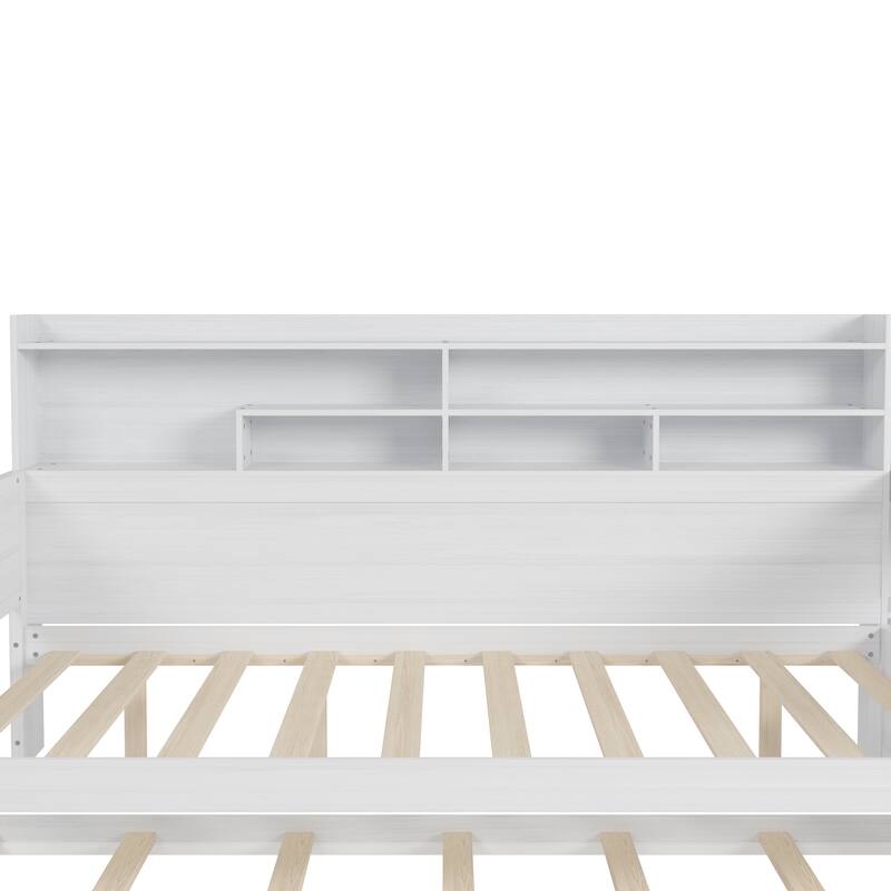 Wooden Twin/Full Size Daybed with Trundle Bed, Multi-functional Corner Platform Sofa Bed Frame with Storage Headboard and Desk