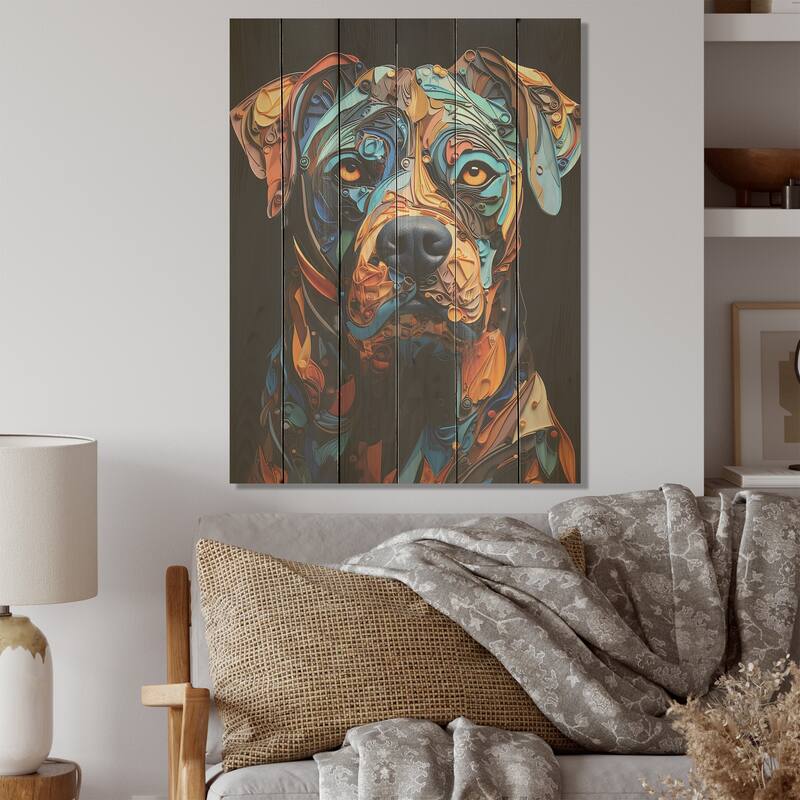 Designart "Boxer Boldness I" Dog Wood Wall Decor - Modern Blue Wood Panel On Natural Pine Wood