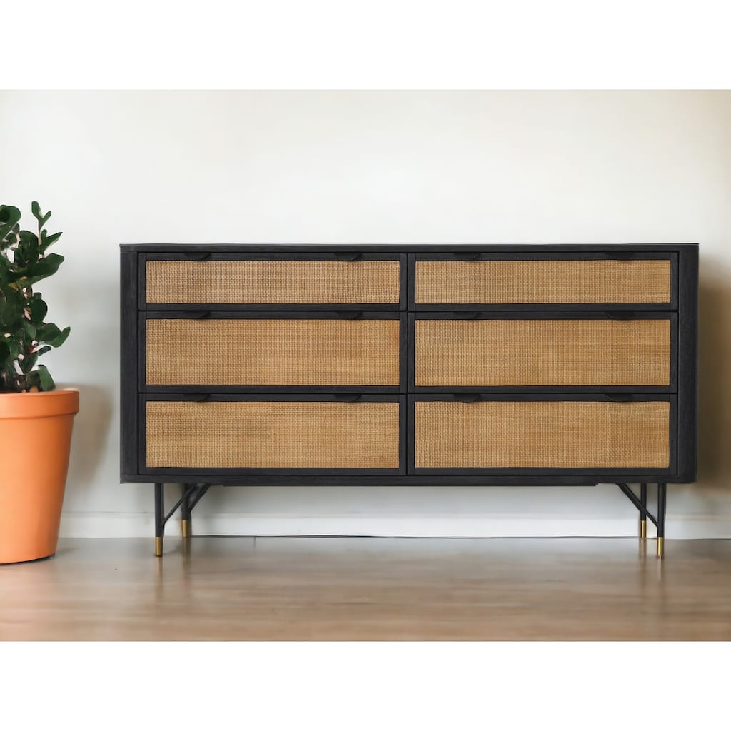 HomeRoots 61" Natural and Black Solid Wood Six Drawer Double Dresser