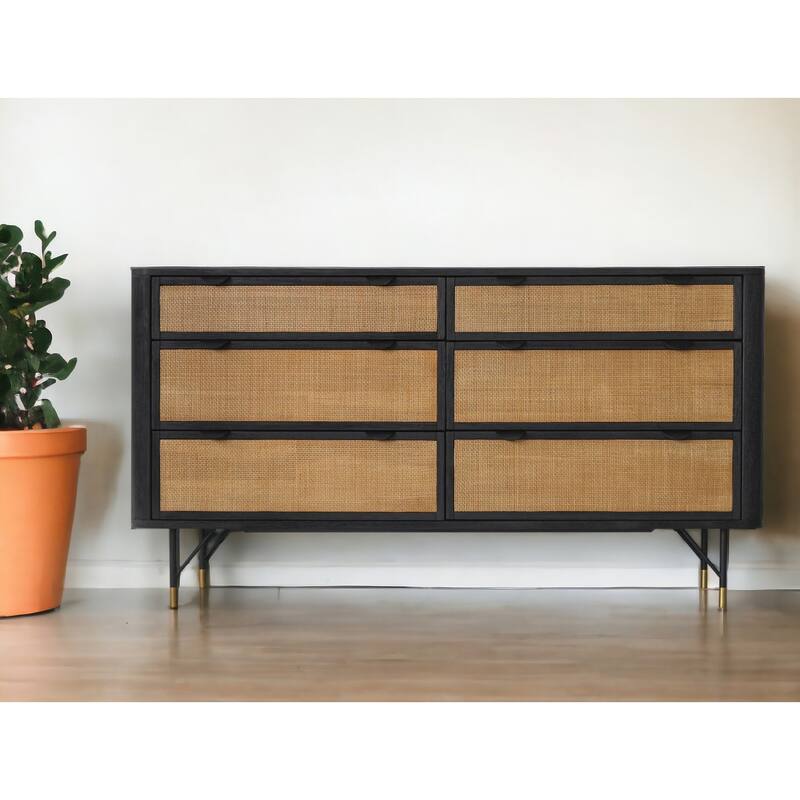 HomeRoots 61" Natural and Black Solid Wood Six Drawer Double Dresser - 6-drawer