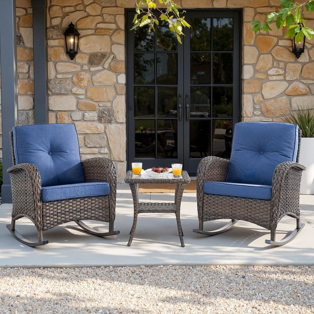 PlainCurve 3-Piece Wicker Outdoor Patio Conversation Set with Rocking Chairs and Olefin Cushions