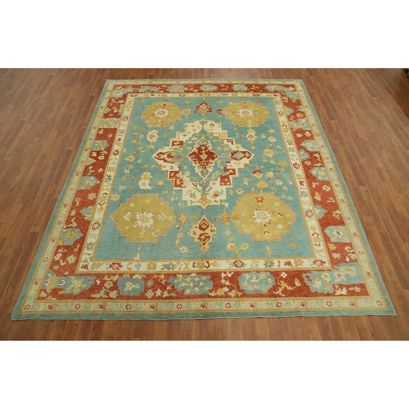 Handmade Blue Oushak Vegetable Dye Area Rug, Medallion Geometric Carpet - 9' 11'' X 8' 5''
