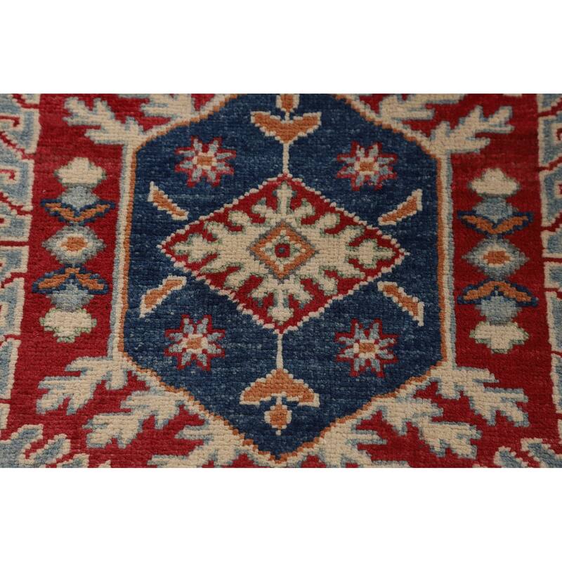 Light Blue Geometric Kazak Rug Handmade Traditional Wool Carpet - 3'0" x 4'11"