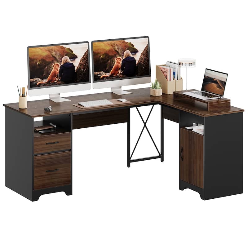 63'' L Shaped Home Office Desk with File&Storage Drawers and Cabinet, Computer Desk with Monitor Stand and Open Compartments