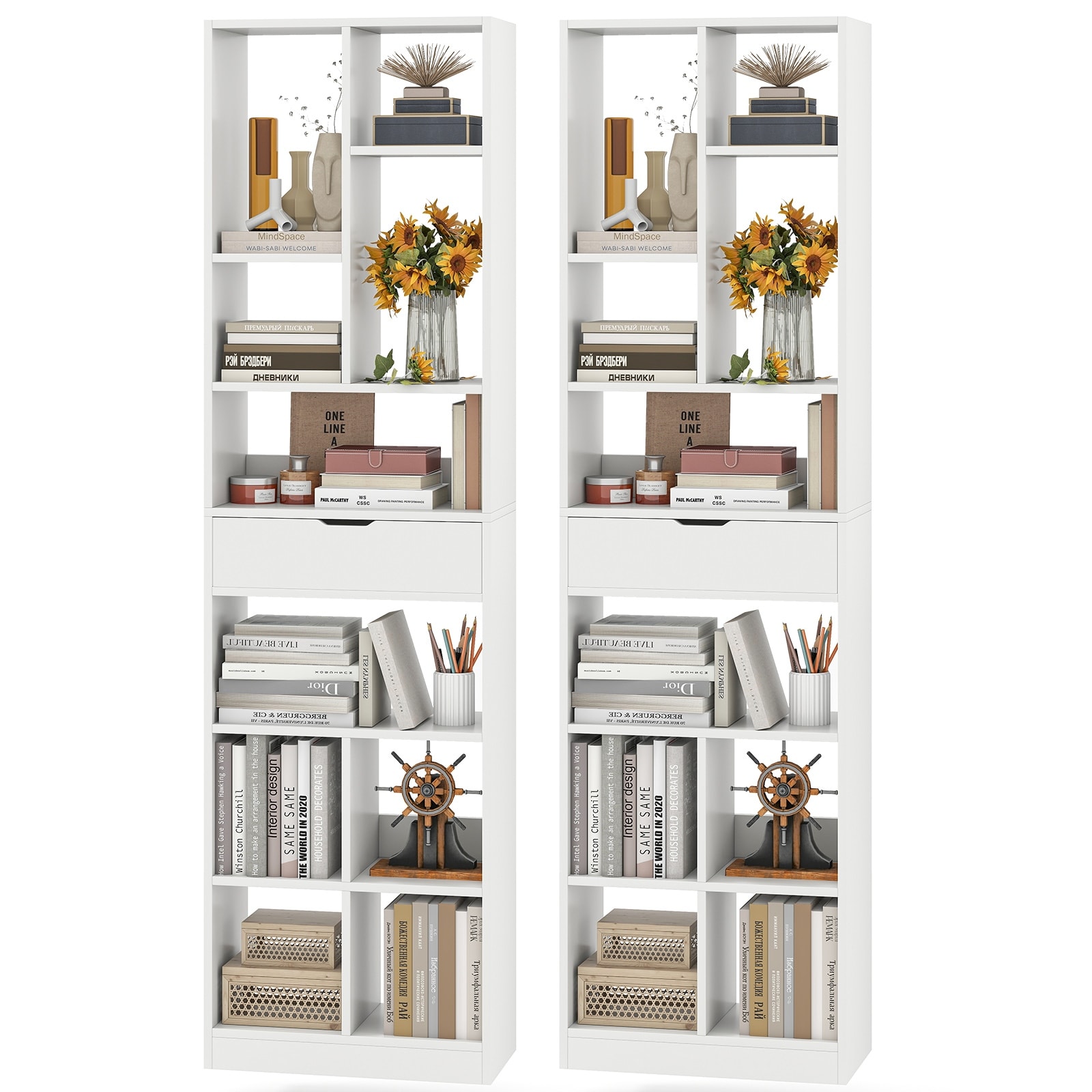 Gymax 2PCS 71'' Tall Bookcase w/ Drawer Modern Bookshelf w/ 10 Open