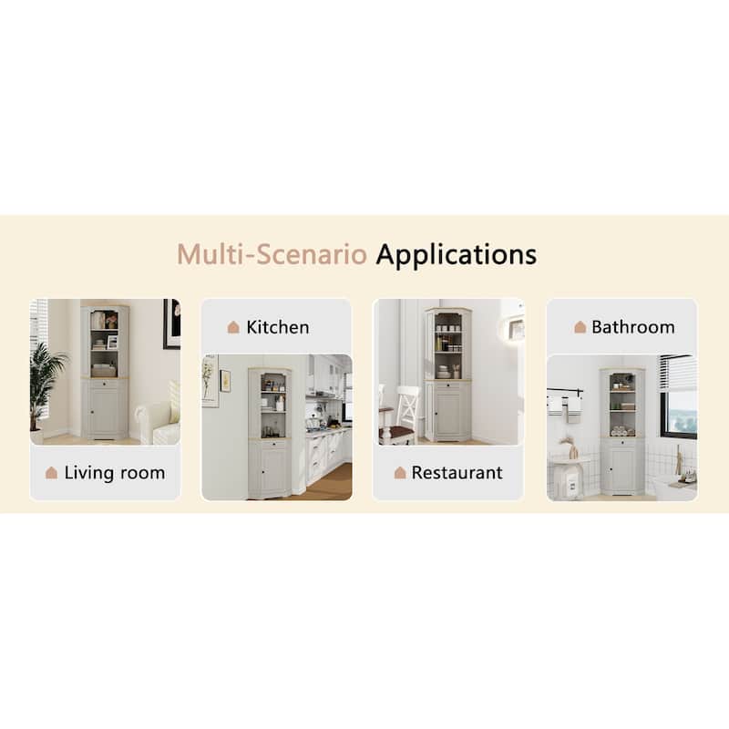 68" Farmhouse Corner Cabinet, Freestanding Storage with Door, Drawer & Adjustable Shelf for Kitchen, Living Room, Bathroom