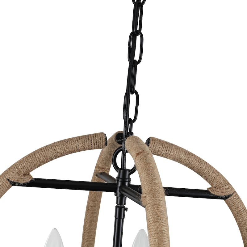 4-Light Beige Brown Hemp Rope Globe Chandelier - Beige Brown