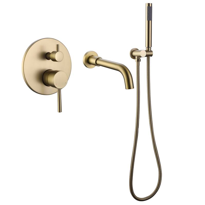 Solid Brass 2 Handle Wall Mounted Roman Tub Faucet With Handheld Shower - Brushed Gold