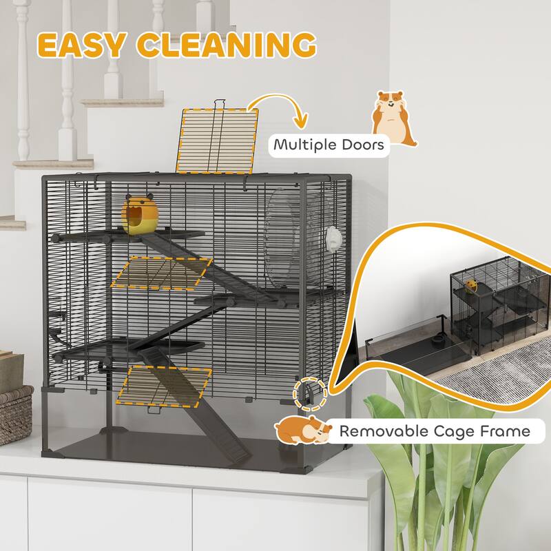 PawHut Large Hamster Cage with Deep Tempered Glass Bottom, 4 Tiers Hamster Tank with Running Wheel, Black