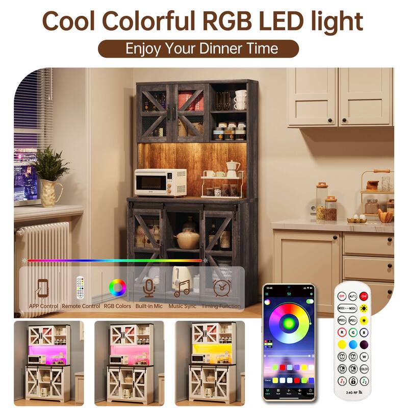 Gymojoy 71" Farmhouse Pantry Cabinet with LED Lights & Charging Station, Tall Kitchen Storage with Adjustable Shelves