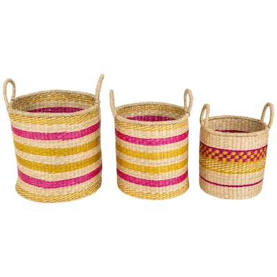 Set of 3 Striped Fuchsia and Yellow Seagrass Woven Baskets with Handles 13.75"