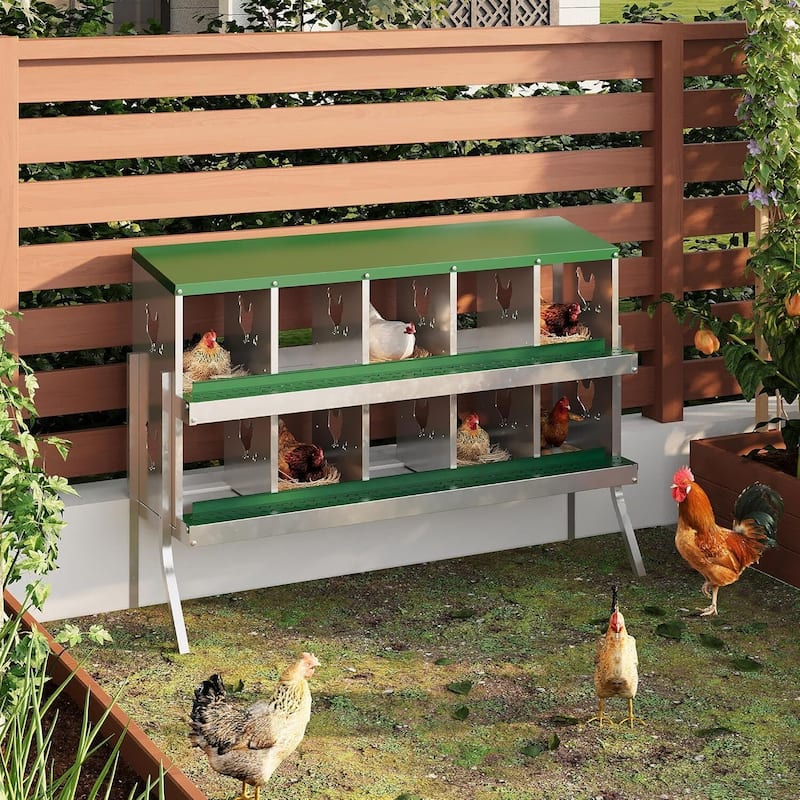 Wall-Mount or Free-Standing Metal Chicken Nesting Box for Hens, Green with Legs - Green 10 Compartments