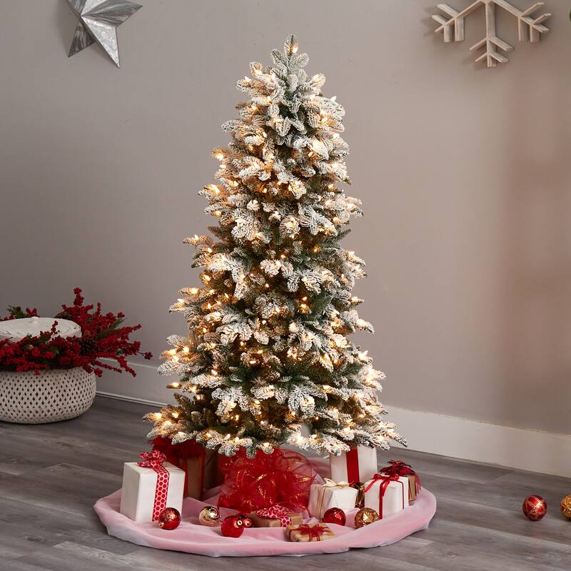 5' Flocked North Carolina Fir Artificial Christmas Tree with 350 Warm White Lights and 1247 Bendable Branches