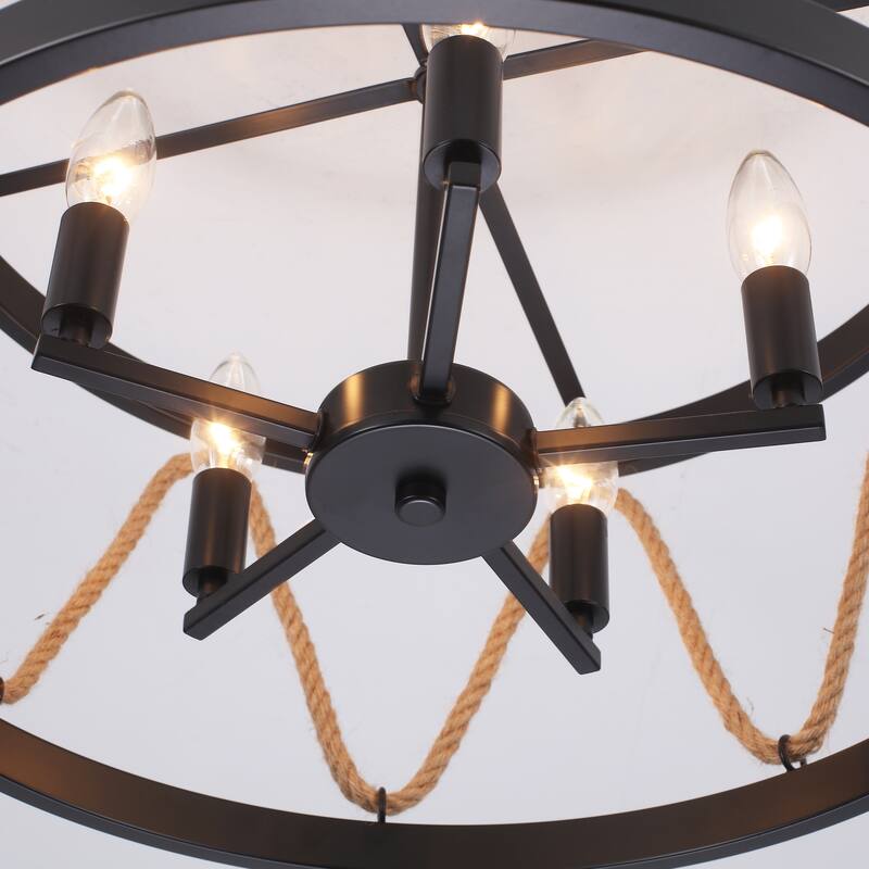 19.68" Wide Rural Drum Chandelier, 5-Light Semi-Flush Mount Lighting with Cage Lamp-Shade, Pendant Light for Dining Room