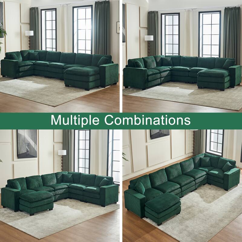 Corduroy Upholstered U-shaped Chaise Sectional Sofa Modular Sleeper Sofa Bed Deep Seat Couch with Ottoman and Pillows