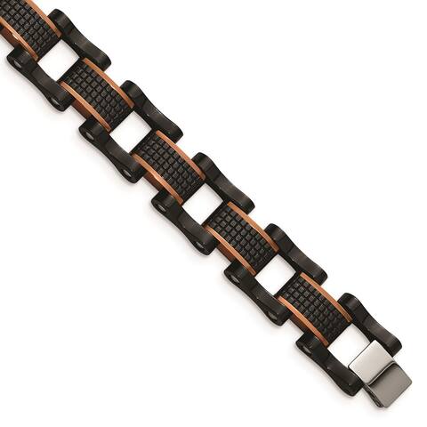Chisel Stainless Steel Polished and Textured Black and Brown IP-plated 8.25 Inch Link Bracelet
