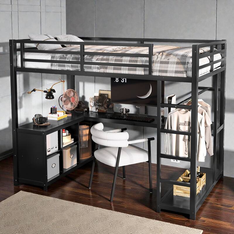 Metal Loft Bed with Wardrobe and L-Shaped Desk, Storage Cubes and Shelves, Space Saving Loft Bed for Teens