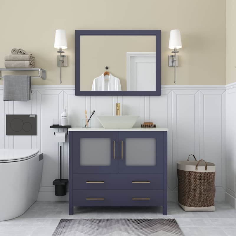 Vanity Art 36" Single Sink Bathroom Vanity Set with Engineered Marble Top Free Mirror - 36 x 18.5 x 36 Inches - Blue