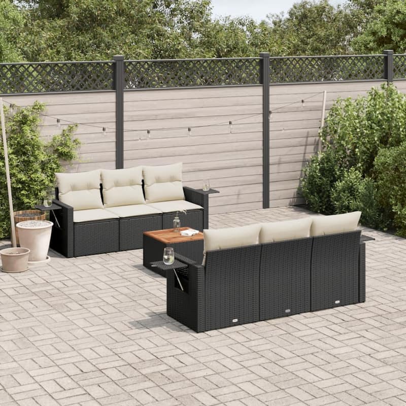 vidaXL Patio Sofa Set with Cushions Outdoor Furniture 7 Piece Poly Rattan - 24.4 x 24.4 x 27.2 - Black and cream