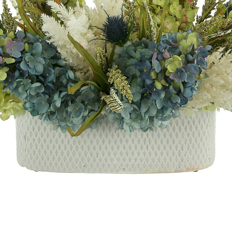 Assorted Hydrangea, Pampas, Thistle and Feather Arrangement in a Ceramic Vase