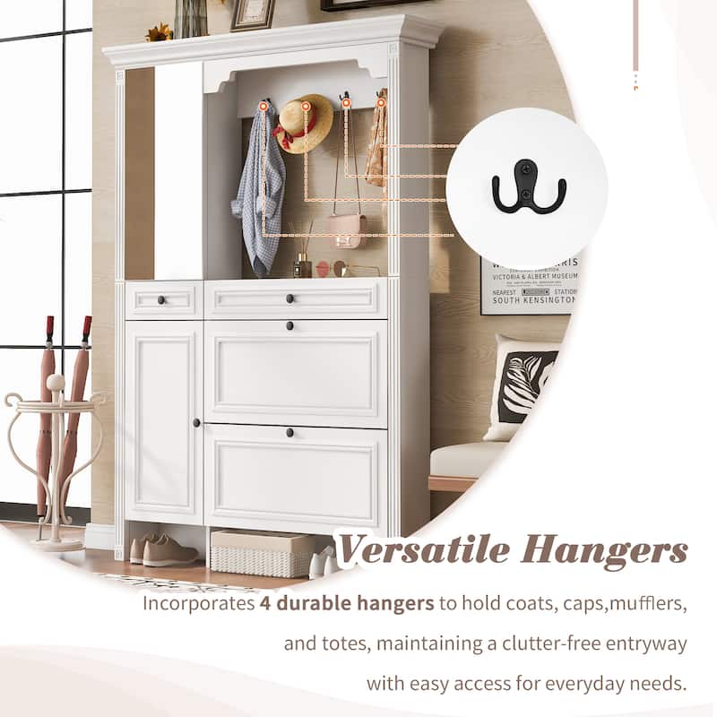 Anmytek White 54.7'' Hall Tree with Integrated Shoe Cabinet and Mirrored Cabinet Door