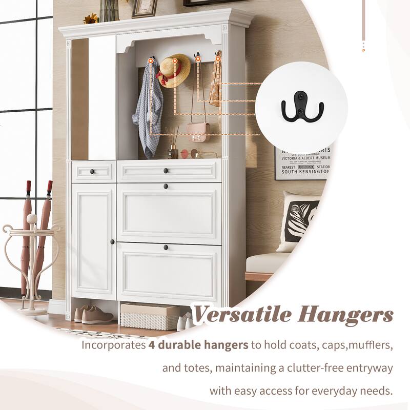 Roomfitters Hall Tree with Shoe Cabinet and Mirrored Door, 4 Hooks and Bench Storage Organizer, White