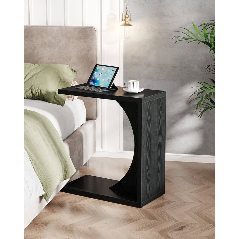 Wood 2-Tier C-Shaped End Side Sofa Couch Table for Small Space
