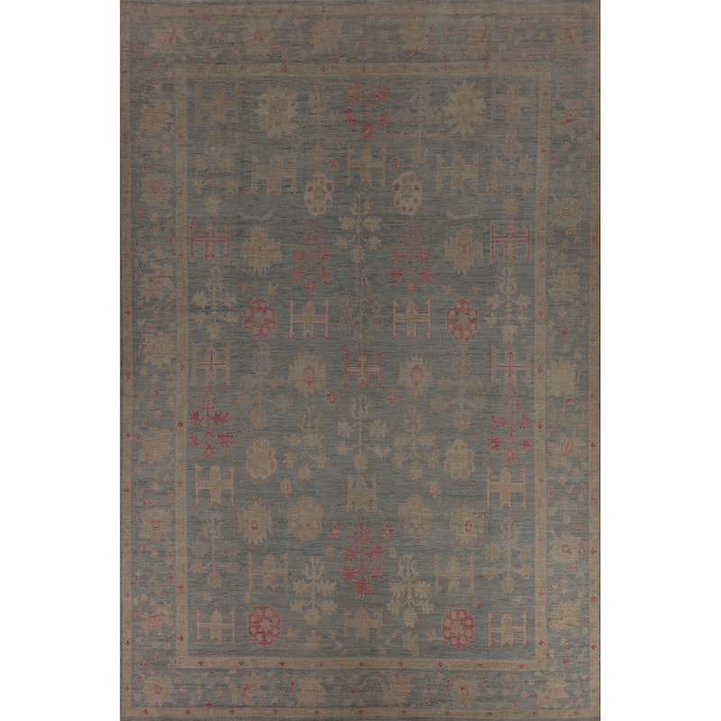 Blue Oushak Vegetable Dye Turkish Large Rug Hand-Knotted Wool Carpet - 9'9"x 13'11"