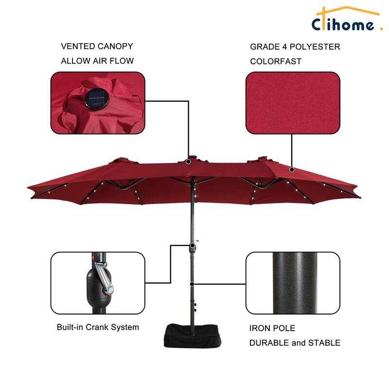 Clihome 15FT Double-Sided Solar Light Market Crank Umbrella with Base