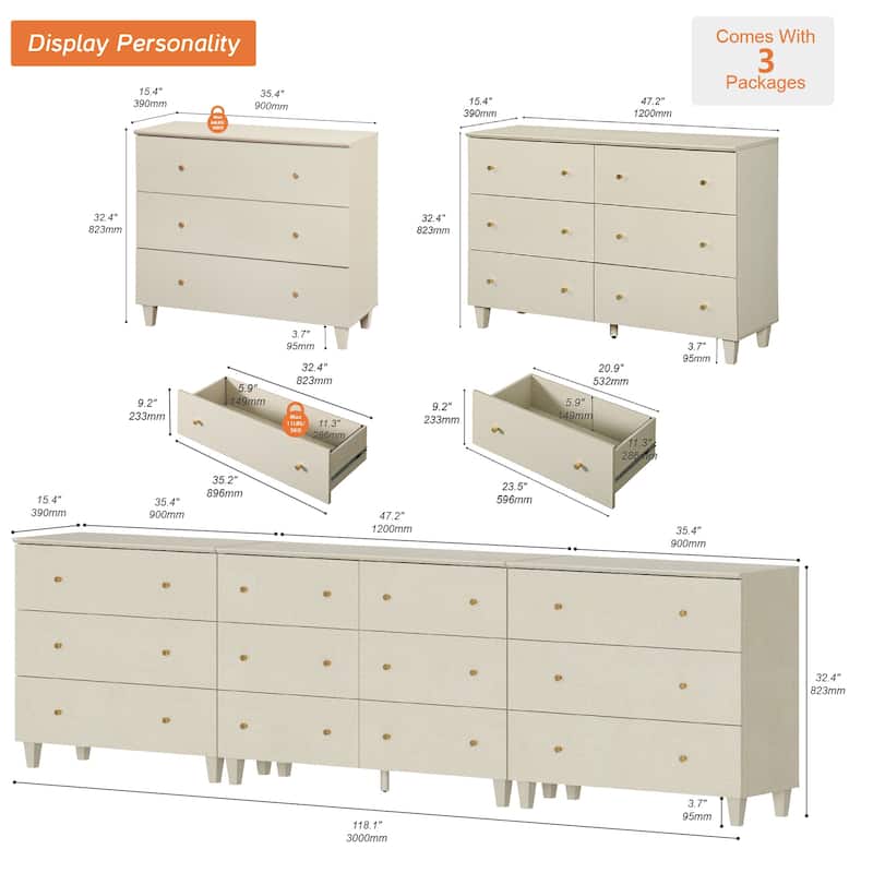 12 Drawers Modern Wood Dresser for Bedroom, 118" Wide