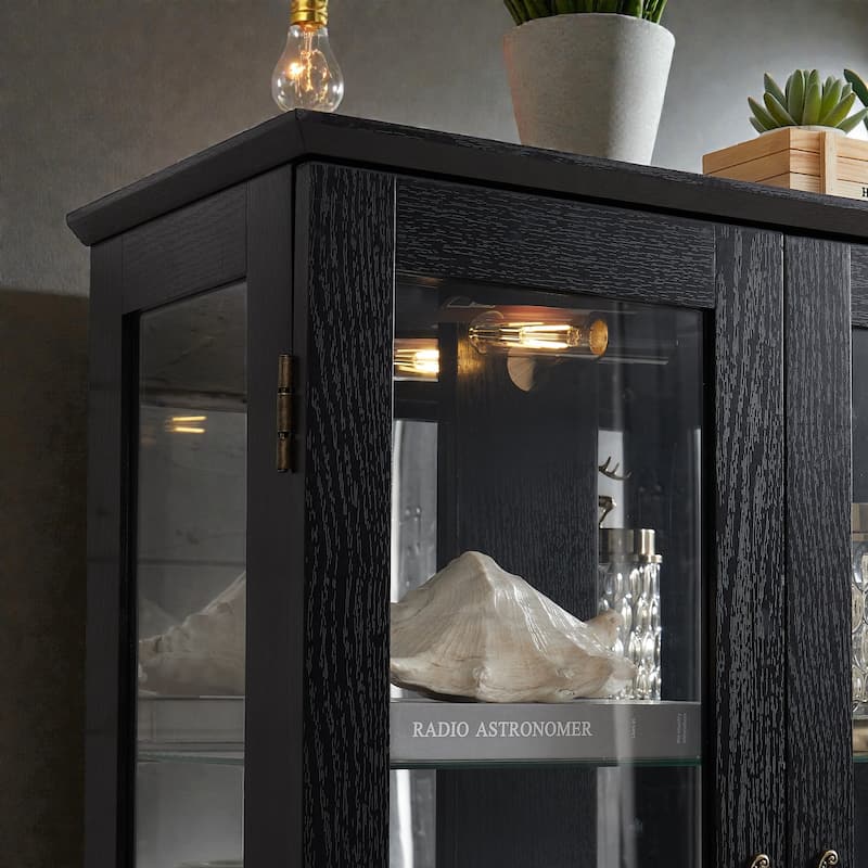 Lighted Glass Curio Cabinet with Drawer, Vintage 2 Door Display Cabinet with Adjustable Shelves and LED Light